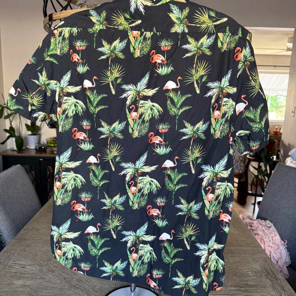 Denim & Flower Flamingo Palm Tree Tropical Button Down Shirt Black XL Slim Fit - Picture 4 of 11